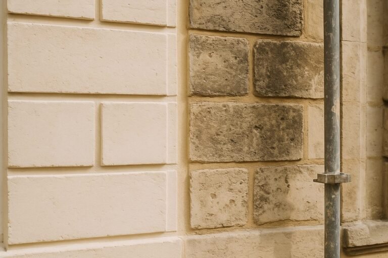Façade en pierre de taille en cours de rejointoiement