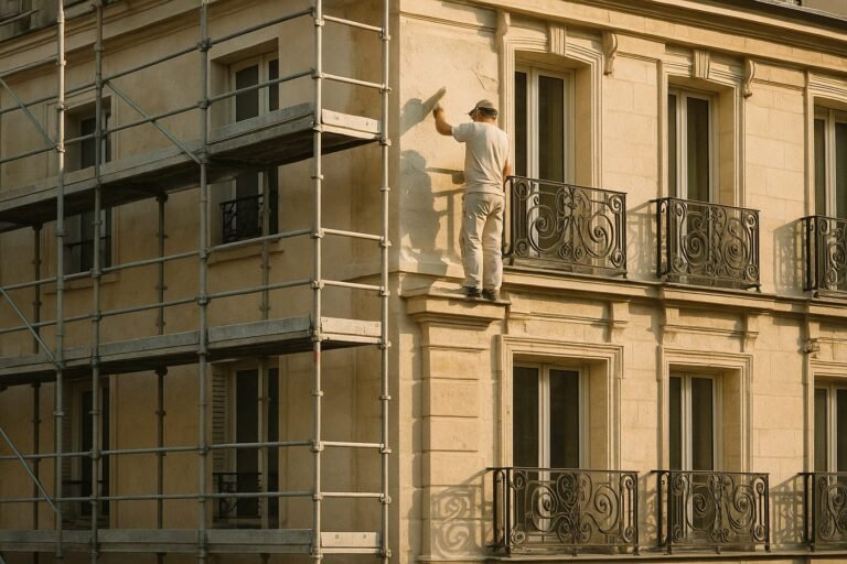Façadier appliquant un enduit sur une façade haussmannienne sous échafaudage
